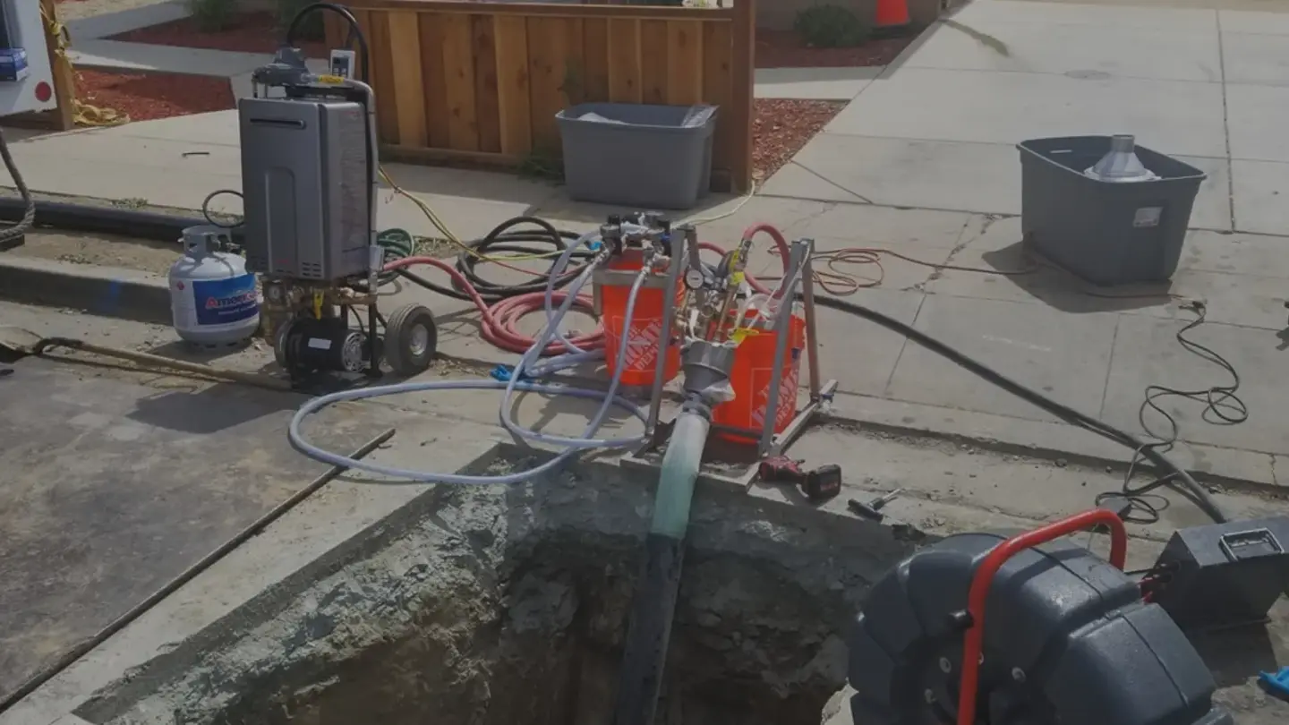 Prodigy trenchless lining equipment set up at a residential jobsite