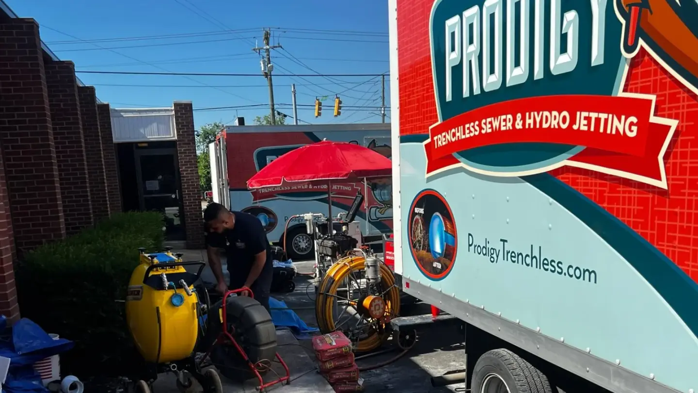 The wrapped Prodigy Sewer & Drain truck parked at a jobsite