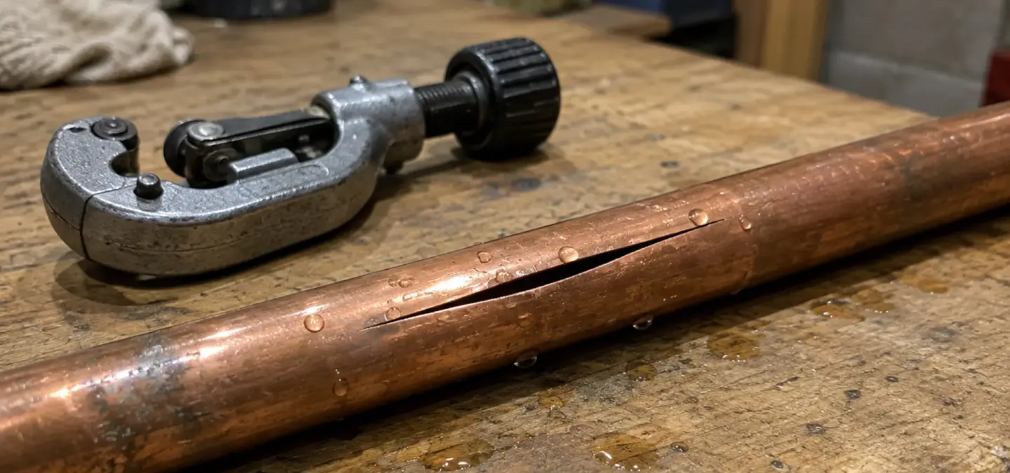 A length of copper water pipe split open along a frost-burst seam, lying beside a tubing cutter on a workbench with water beaded along the pipe.