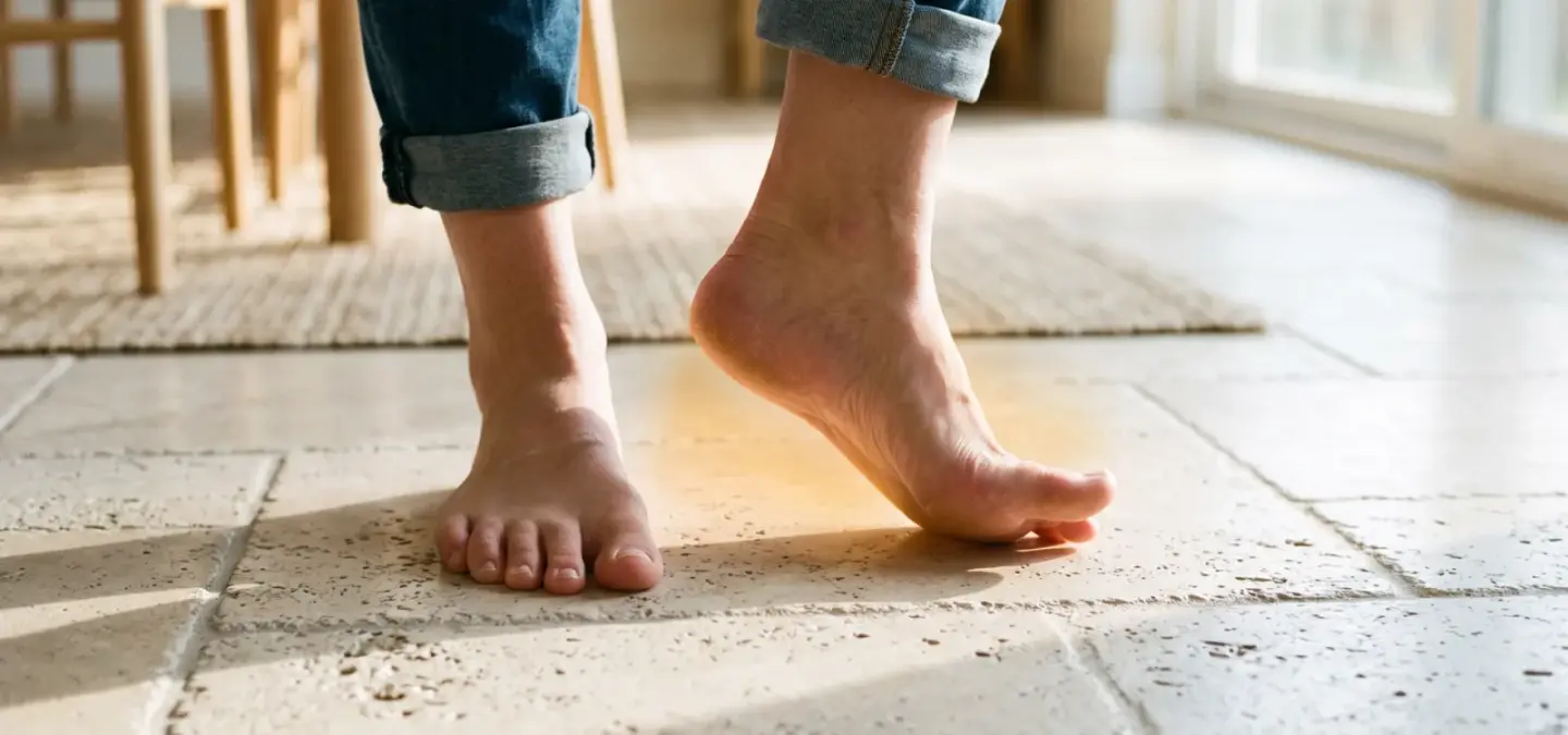Bare feet standing on a tiled floor with a warm patch glowing beneath one foot, the telltale sign of a hot water line leaking under the slab.