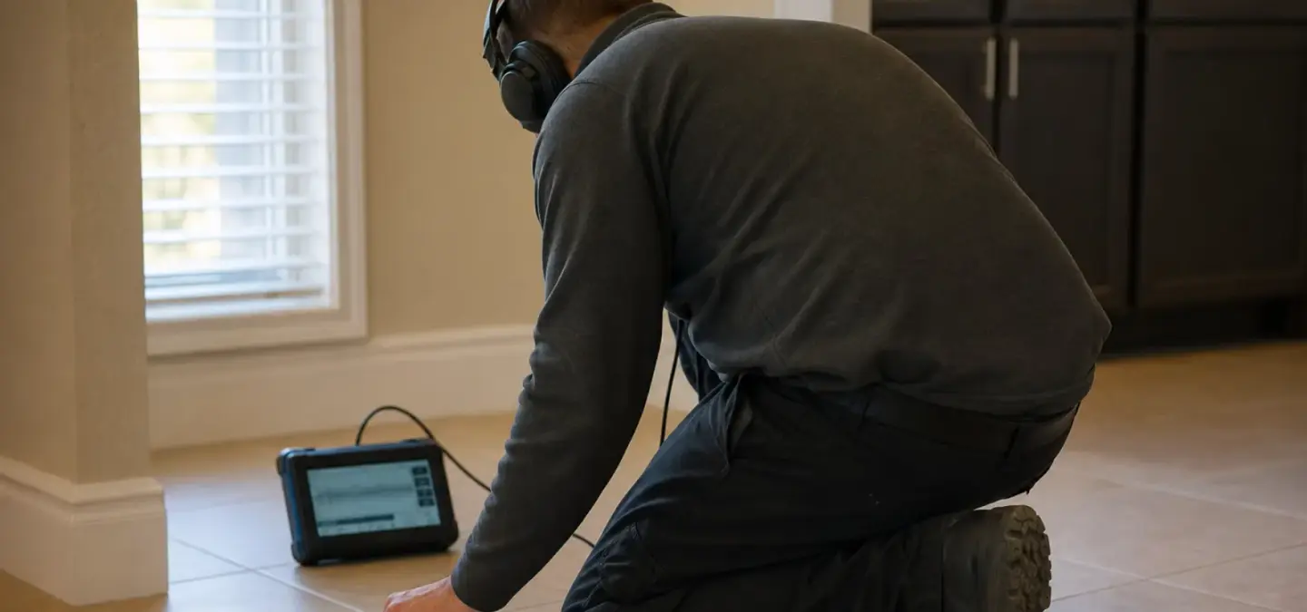 A technician kneeling on a tiled floor inside a home, wearing headphones and resting a hand on the tile beside an acoustic detection unit, listening for a leak under the slab.