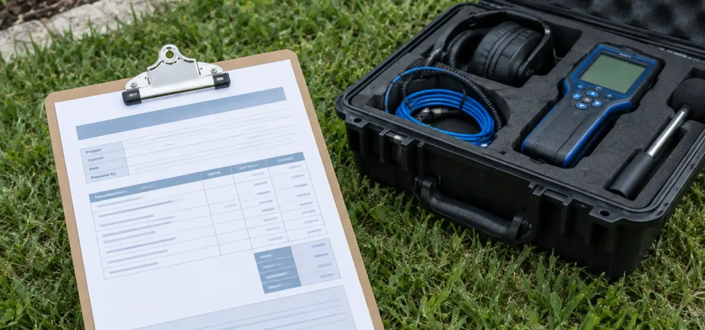 A clipboard holding a printed cost estimate resting on a lawn beside an open hard case of acoustic leak detection equipment: headphones, a coiled cable, a handheld receiver and a ground microphone.