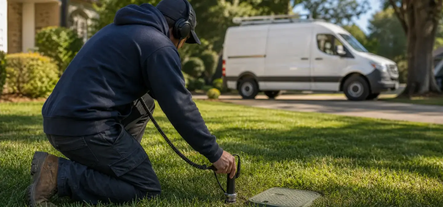 A Prodigy technician kneeling on a front lawn wearing headphones and pressing a ground microphone to the grass beside a utility box, with the service van parked in the driveway behind him.